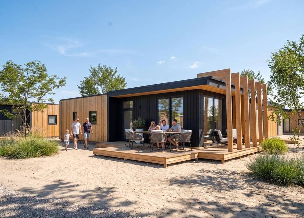 Houten lodge met pergola en terras